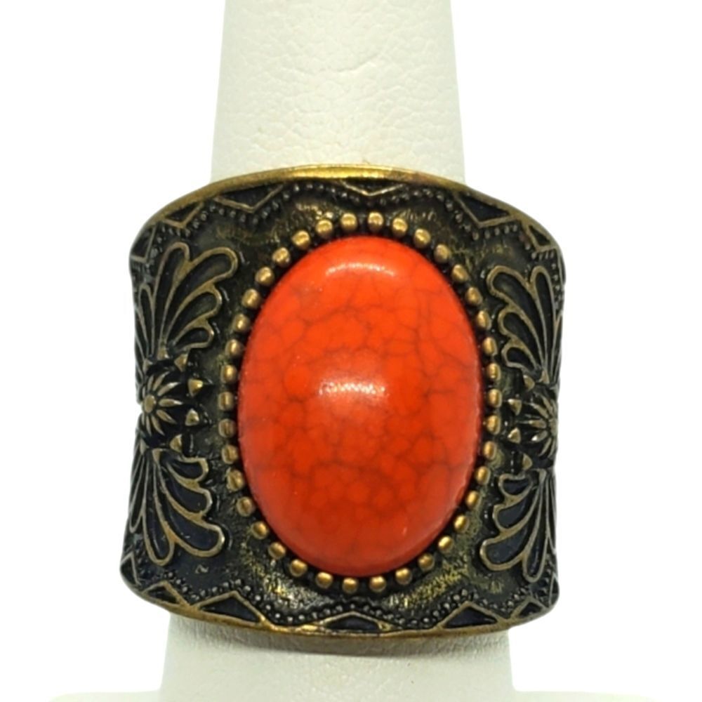 Orange & Gold Tone Stretchy Ring